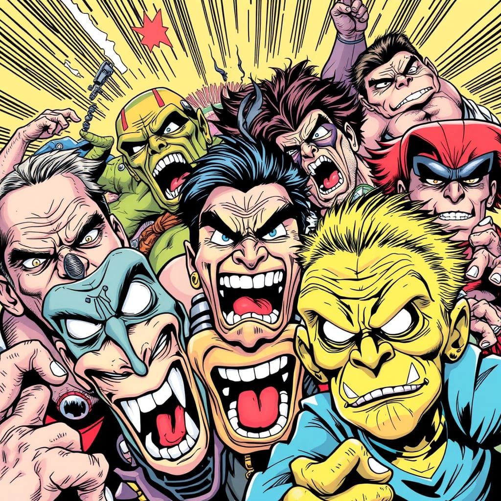 Dynamic Comic Book Scene in Exaggerated Art Style