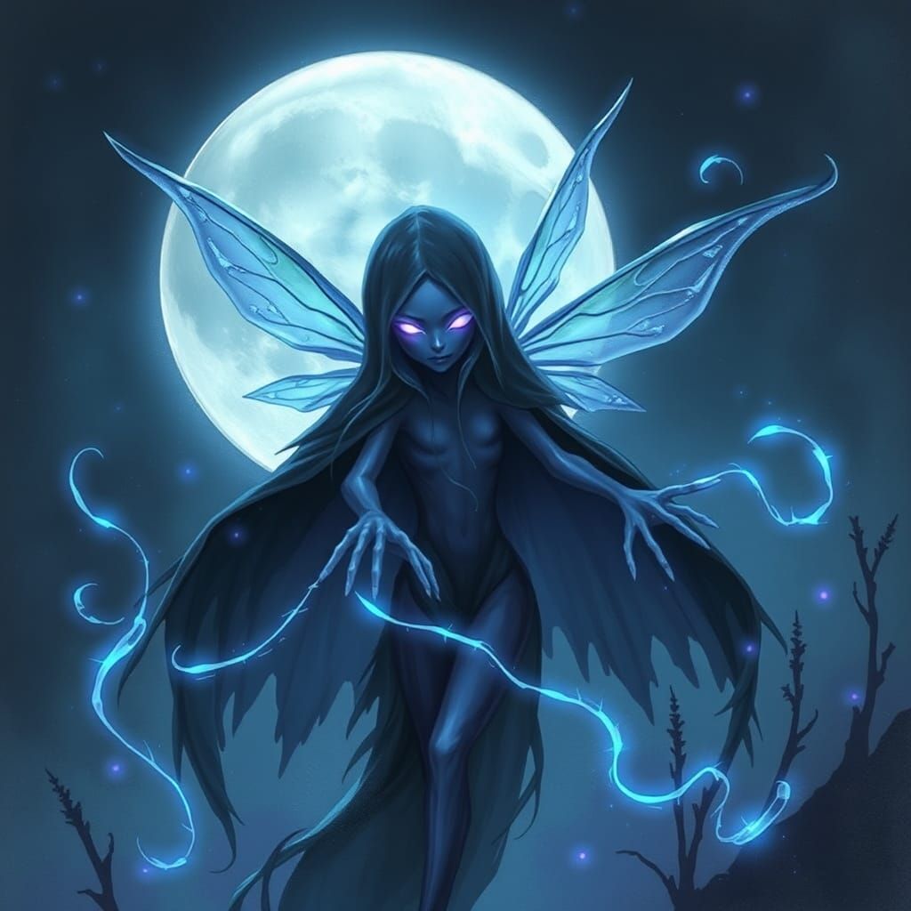 Mystical Dark Fairy in Violet Light, Watercolor Art