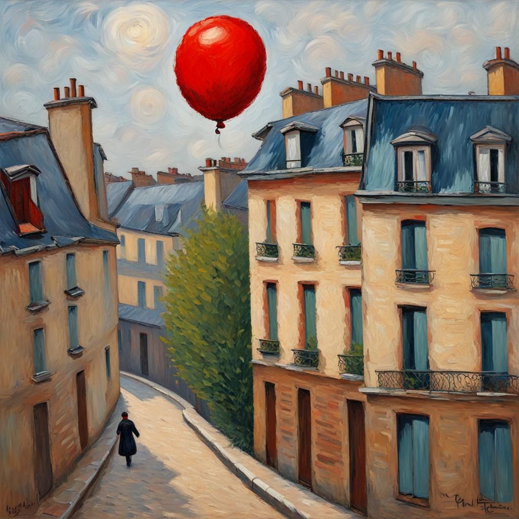 Red Balloon Over Paris: Neo-Impressionist Oil Painting