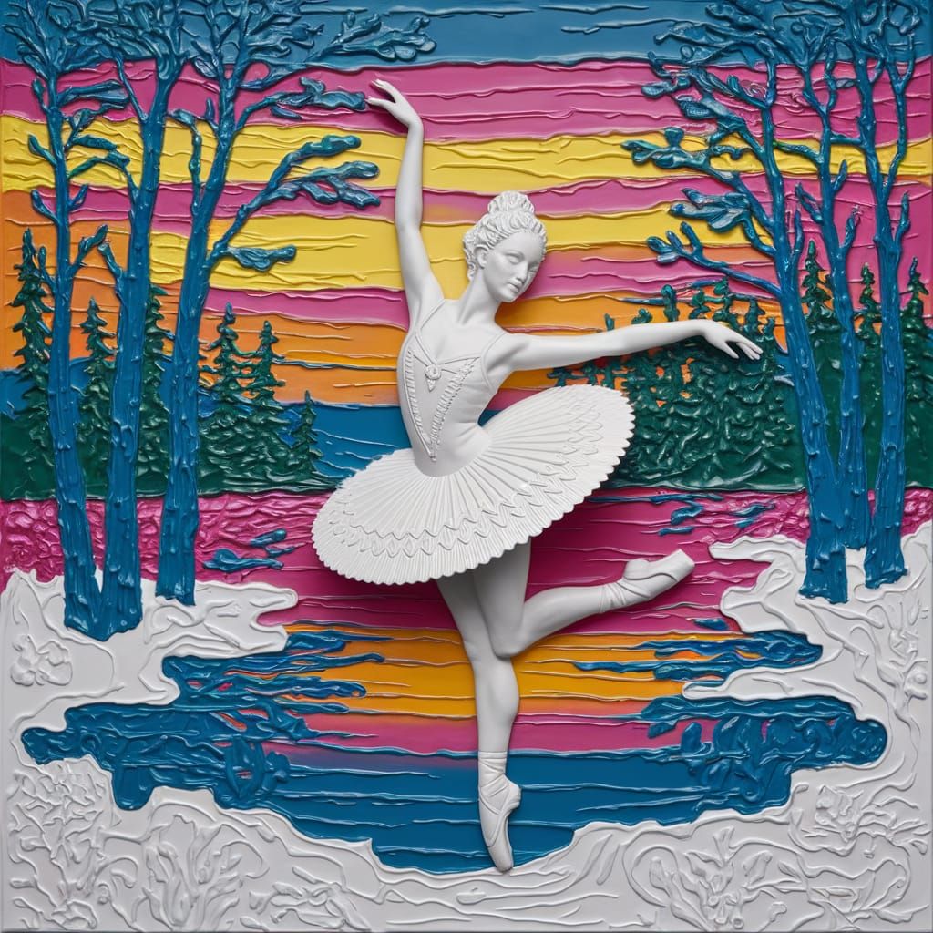 Ballerina Dancing on a Frozen Lake in Vibrant Embossed Relie...