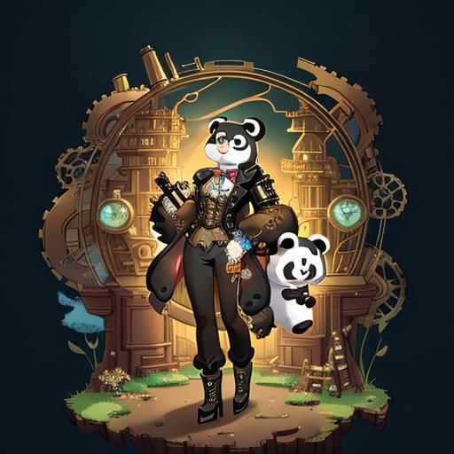 Adorable Steampunk Panda in Detailed Retrofuturist Style
