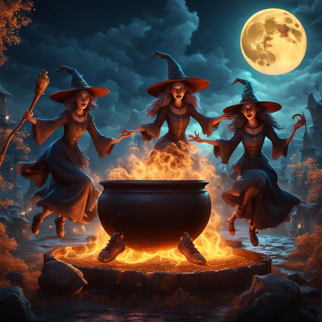 Witches Dancing Around Cauldron Under Full Moon