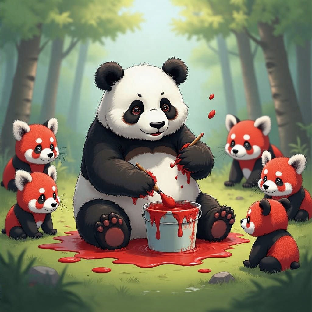Panda Paints Itself Red in Anime Style
