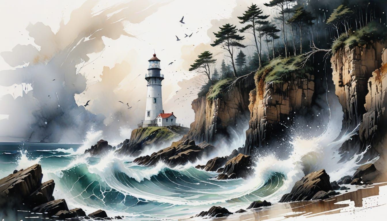 Lighthouse on Windswept Cliff in Stylized Watercolour