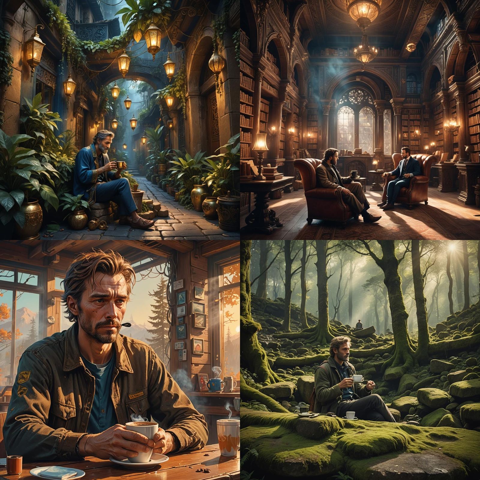 Relaxed Man Enjoys Coffee in Detailed Matte Painting