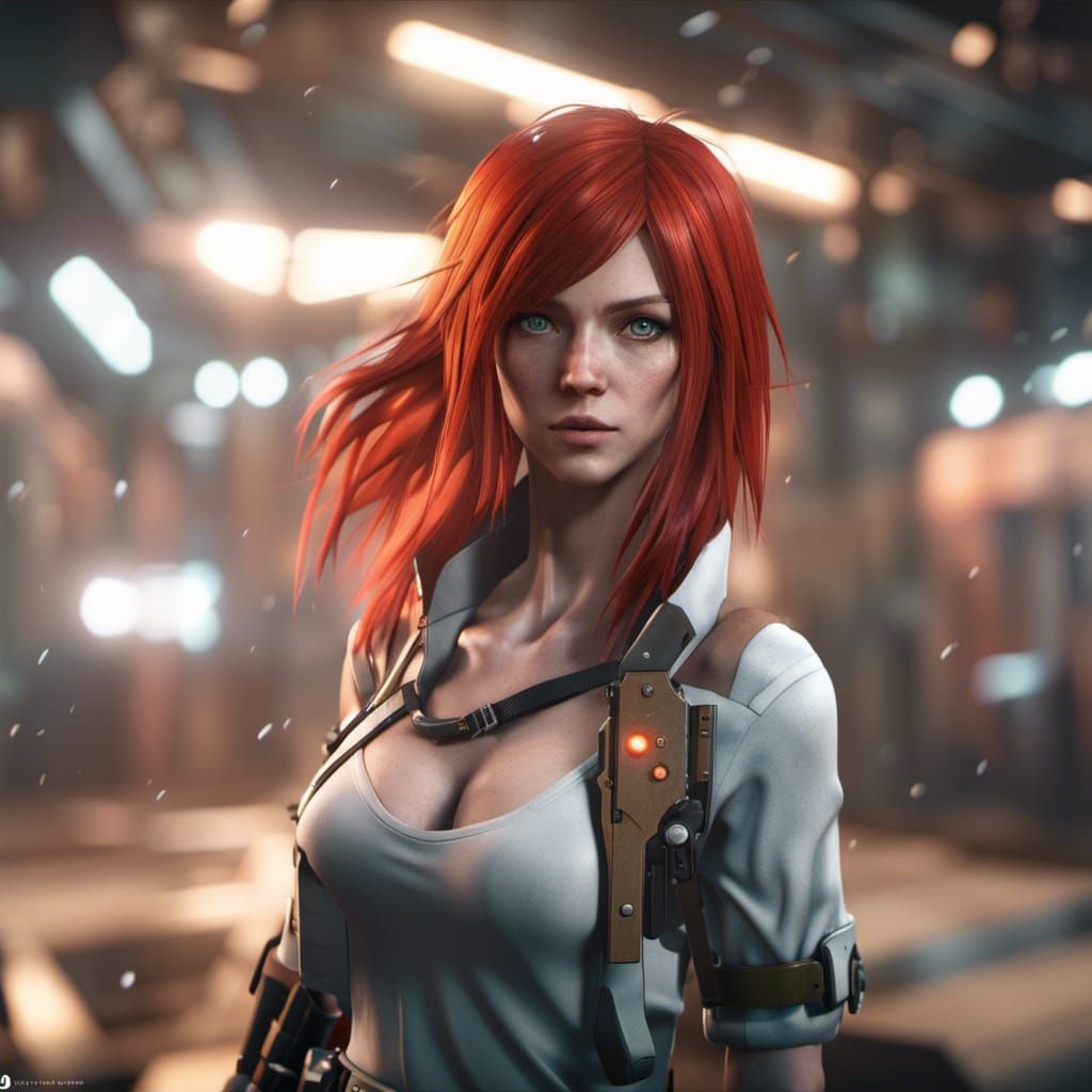 Red-Haired Anime Girl with Gun in 3D Style