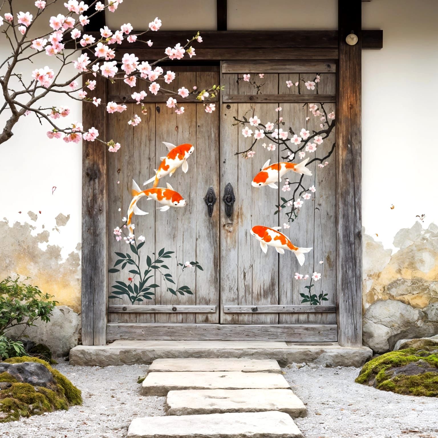 Weathered Door in Zen Garden: Surrealist Painting