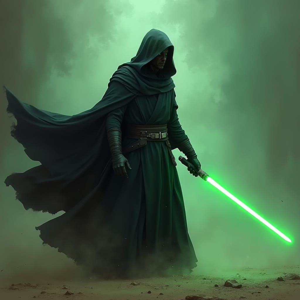 Jedi Knight in Black Robes with Green Lightsaber