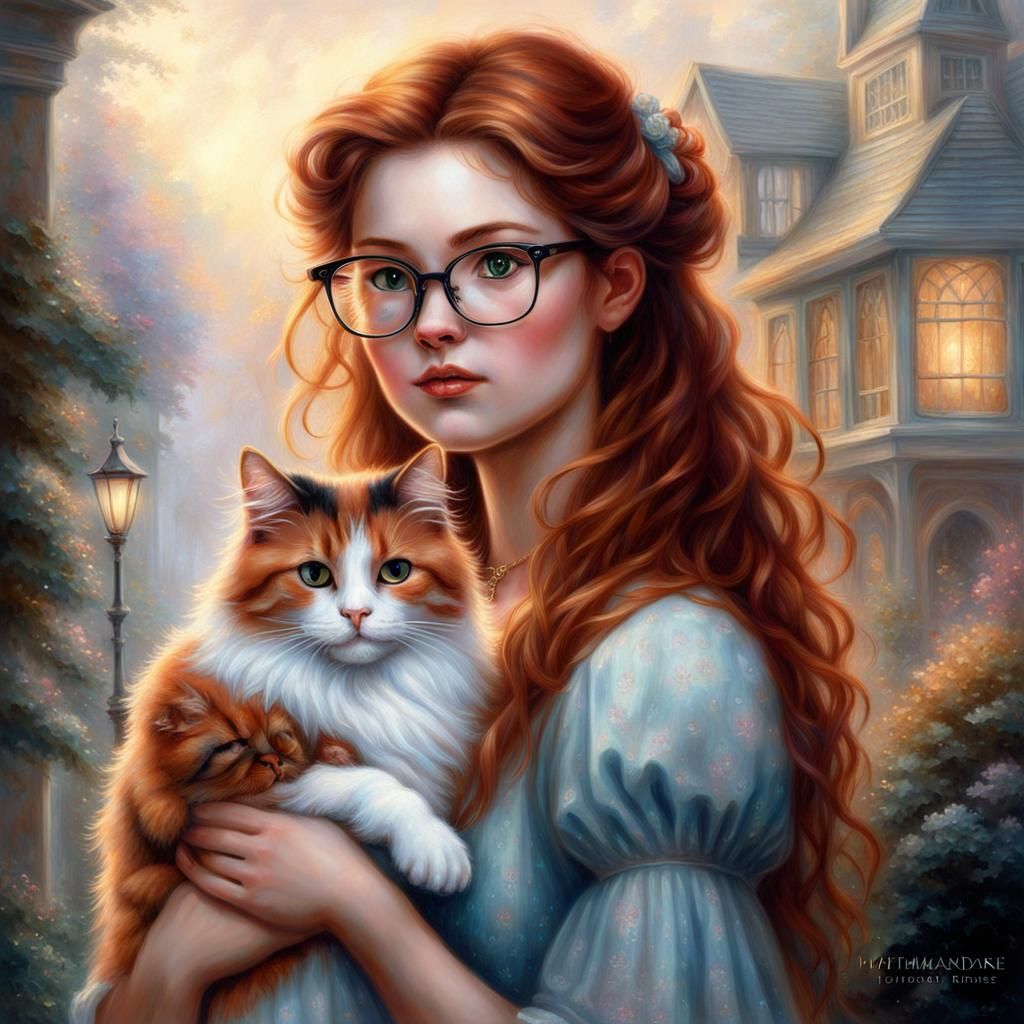Ethereal Girl with Calico Cat in Fantasy Style