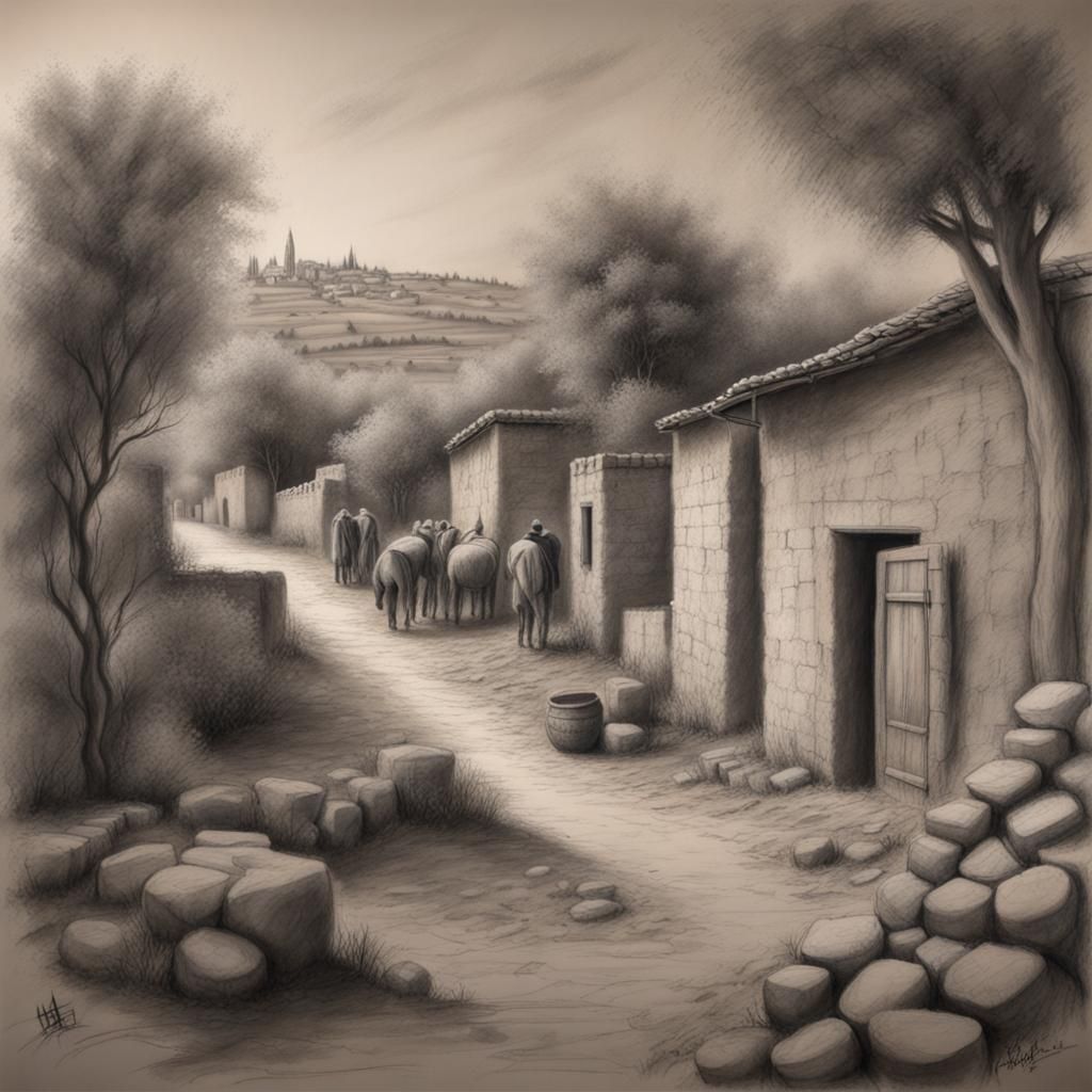 Peaceful Ancient Jewish Country Scene: Charcoal Drawing