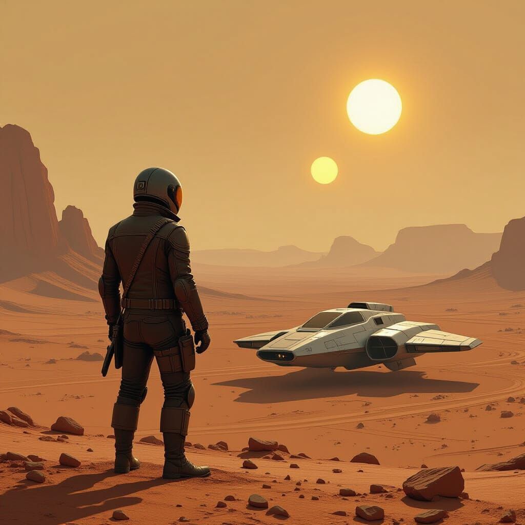 Lone Pilot on Barren Planet Pulga at Sunset