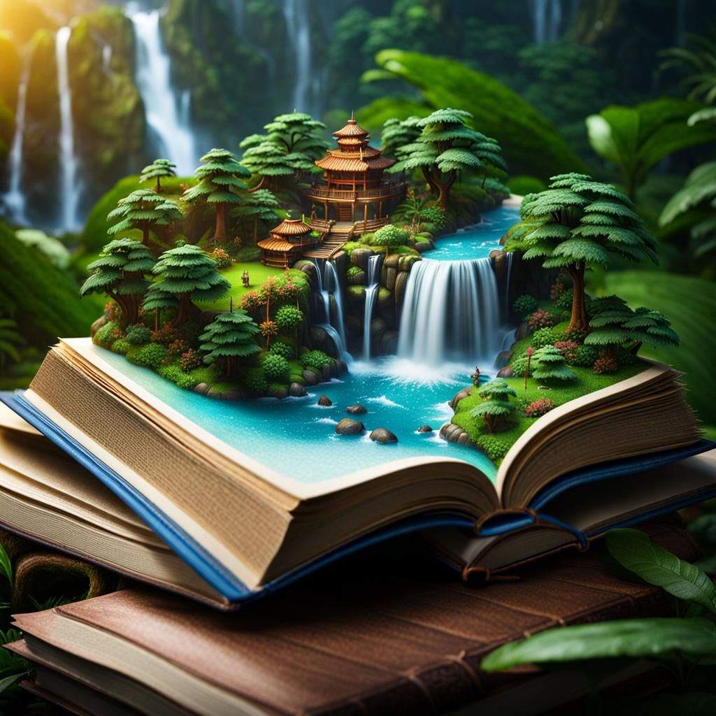 Waterfall Flows Through Open Book in Fantasy World