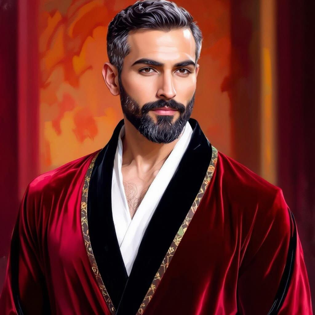 Handsome Man in Velvet Robe on Beach at Night