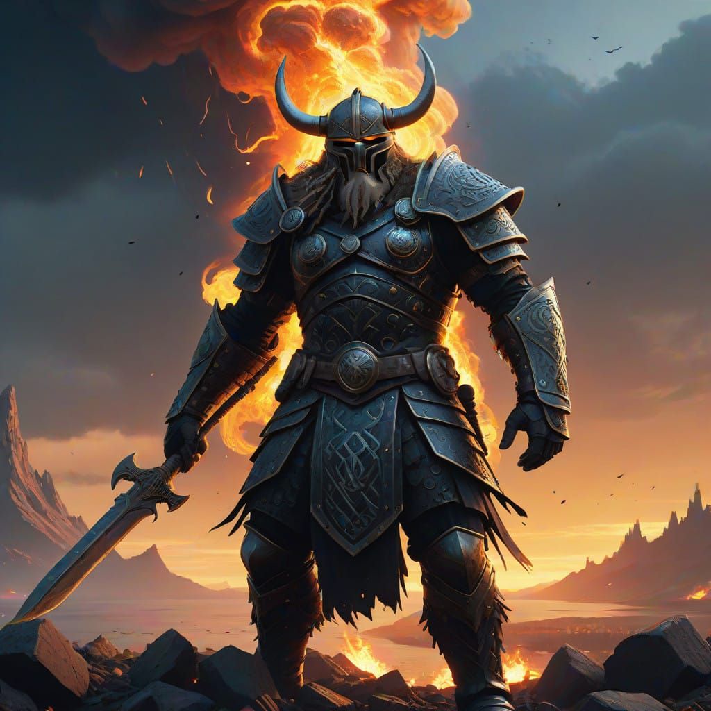 Viking Warrior in Apocalyptic Landscape, in Cyberpunk Style