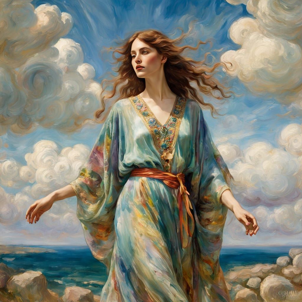 Dreamy Woman in Vibrant Caftan, Surrounded by Heavenly Sunsh...