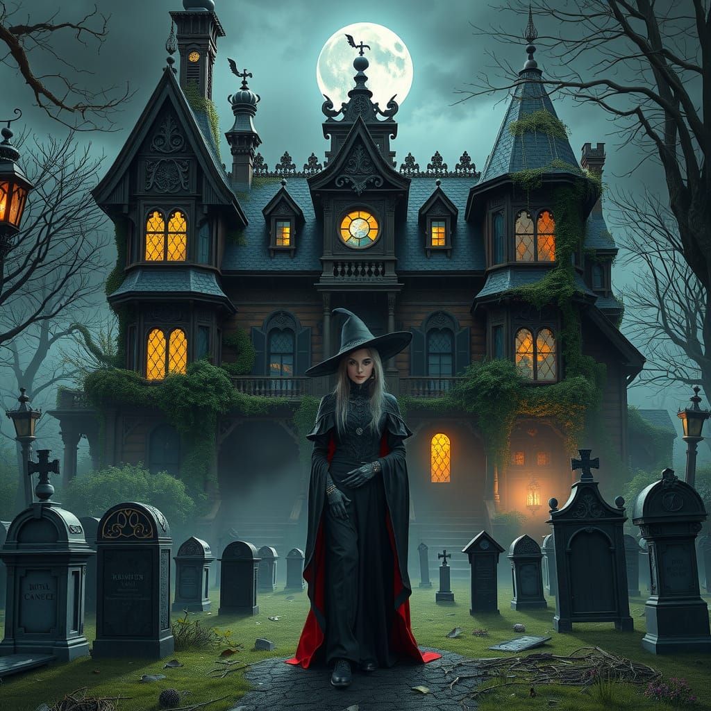 Mystical Witch Stands Before Haunted Mansion