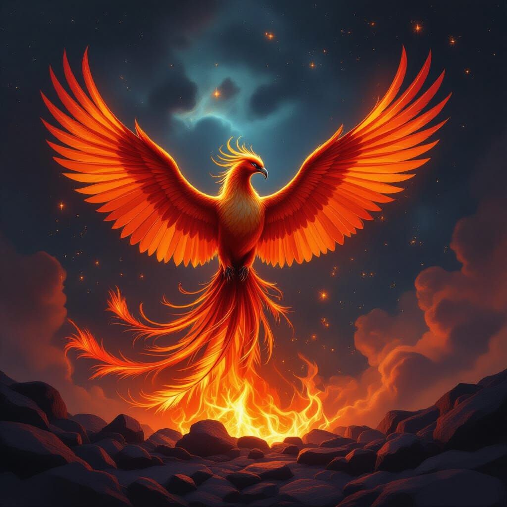 Phoenix Rising from Embers in Renaissance Oil Style