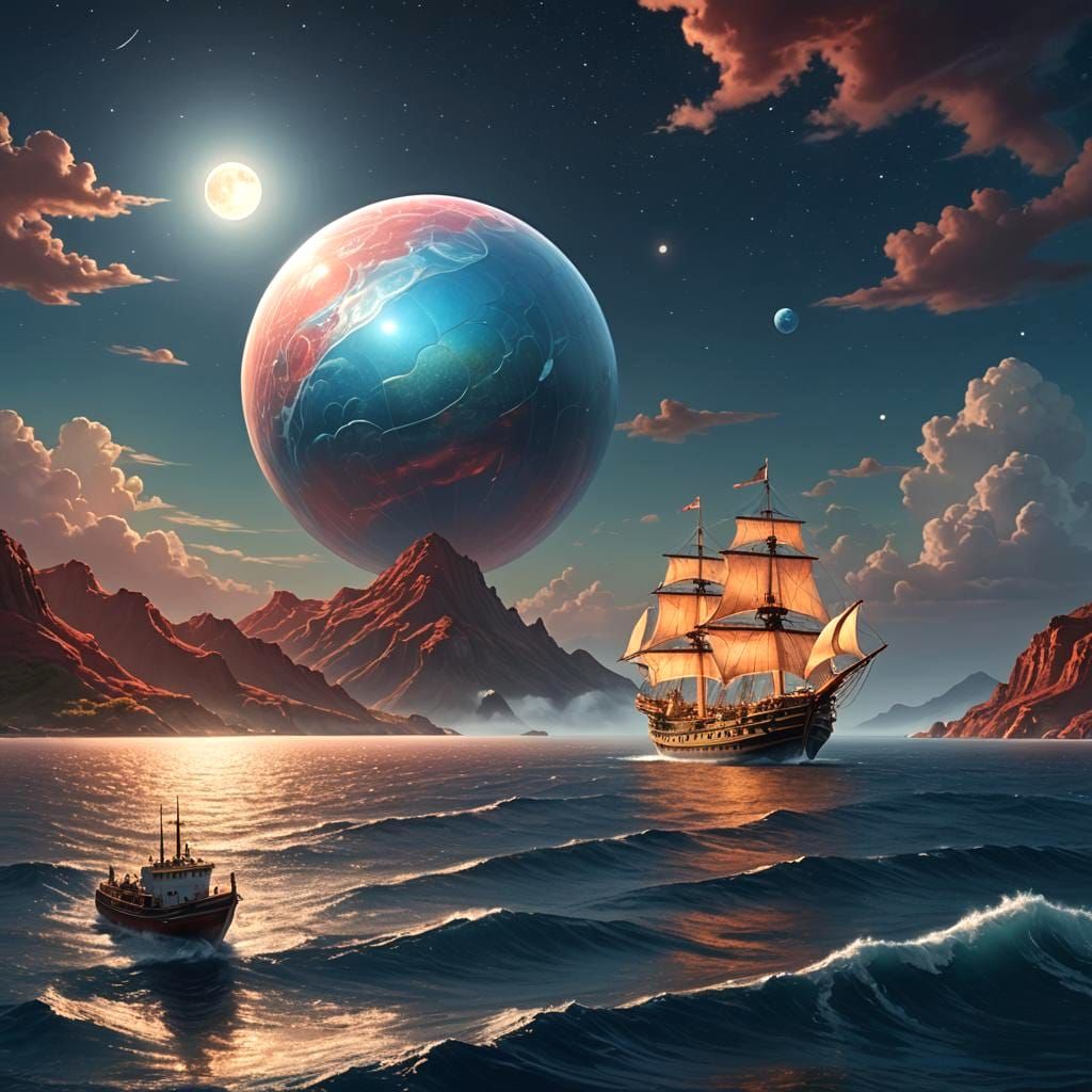 Ship Sails Between Red Hills Under Moon, Fantasy Art