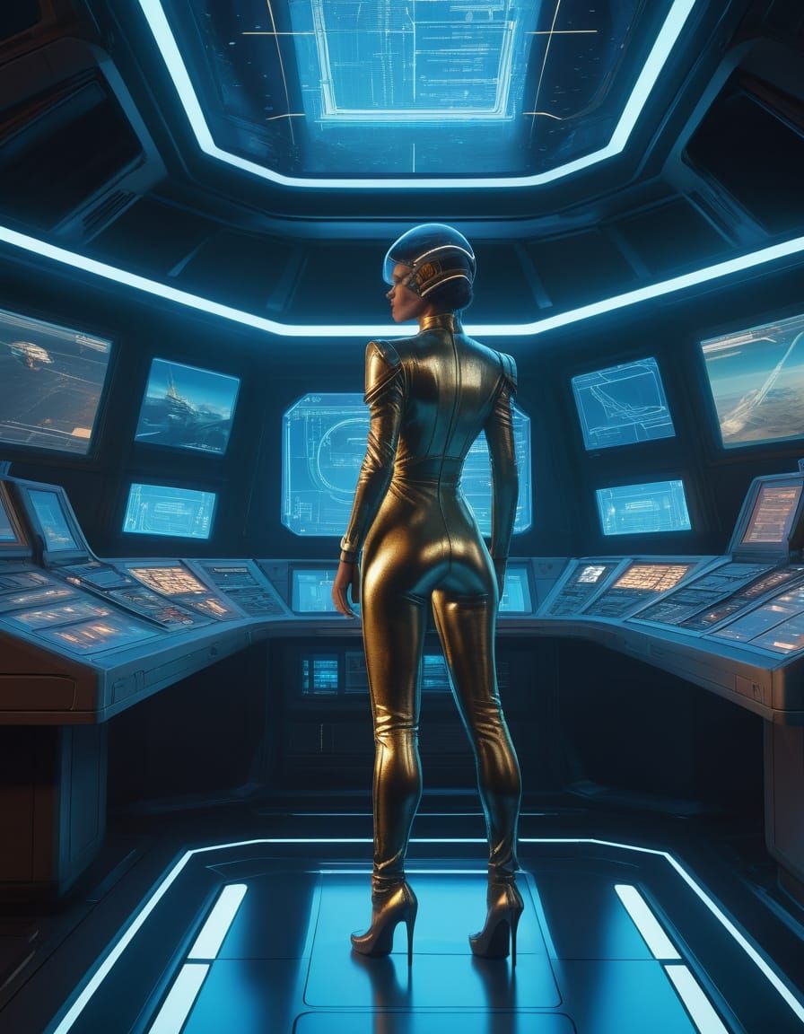 Sultry Futuristic Pin-Up Girl in Interstellar Ship Control R...
