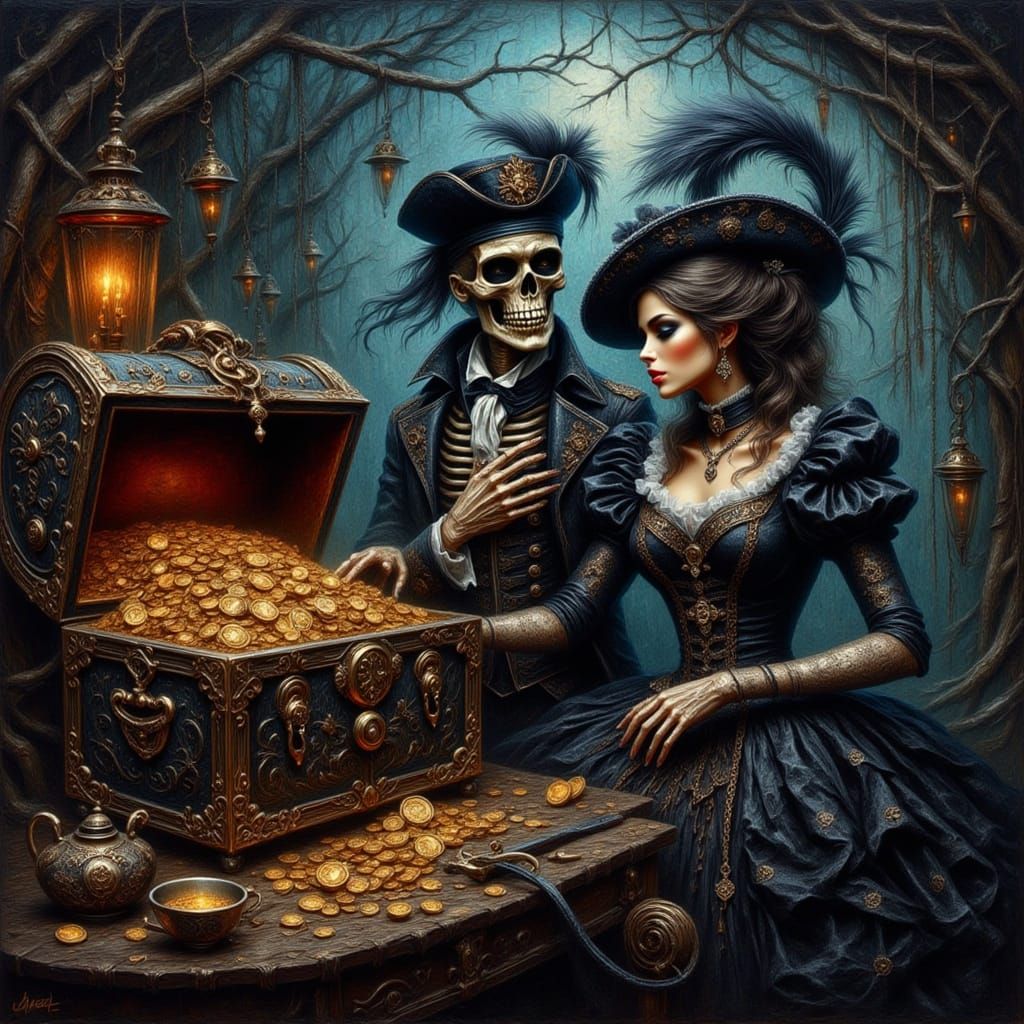 Victorian Gothic Treasure Scene Oil Painting