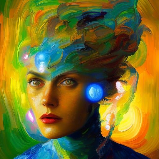 quantum woman of love neo-impressionism expressionist style oil painting, smooth post-impressionist impasto acrylic pain...