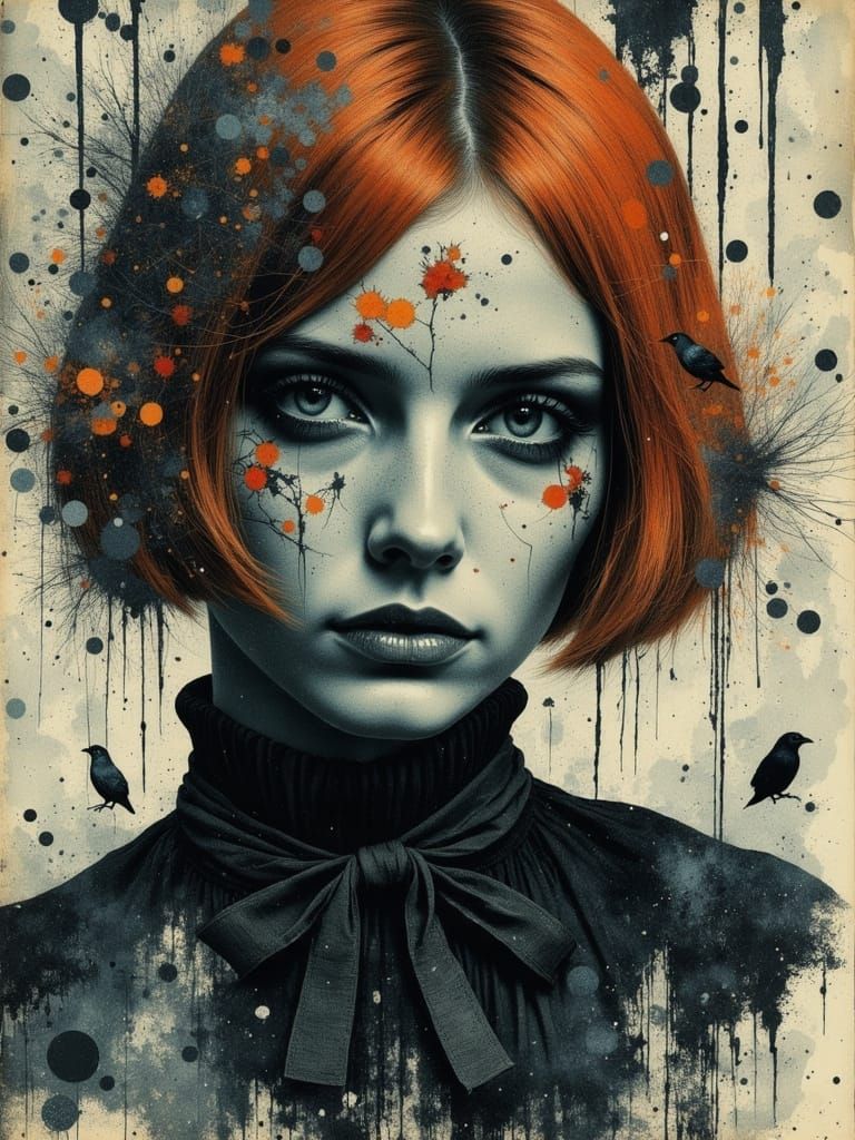 Gothic Portrait of a Melancholic Woman in Abstract Mixed Med...