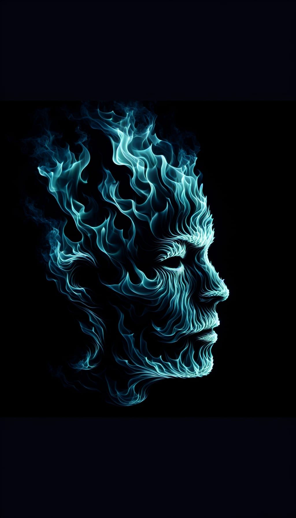 Ethereal Face Silhouette in Blue-Green Flame