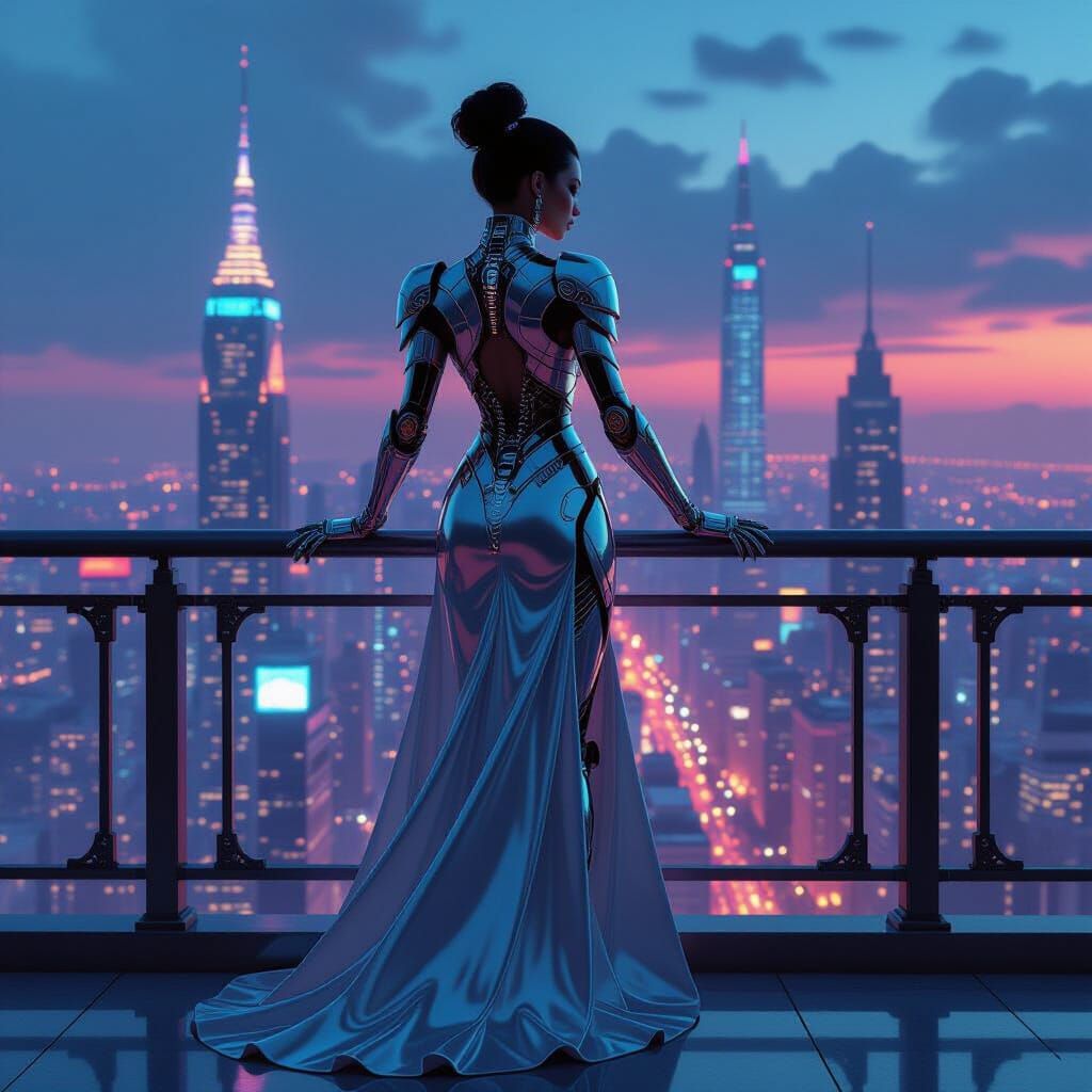 Cyborg Queen Overlooking Neon Metropolis