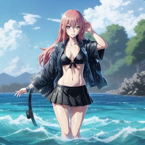 Anime Girl in Wet Bikini and Transparent Shirt