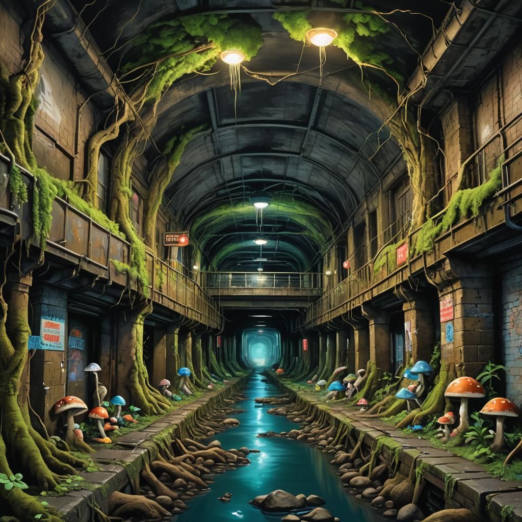 Overgrown Subway Tunnel in Garbage Pail Kids Style