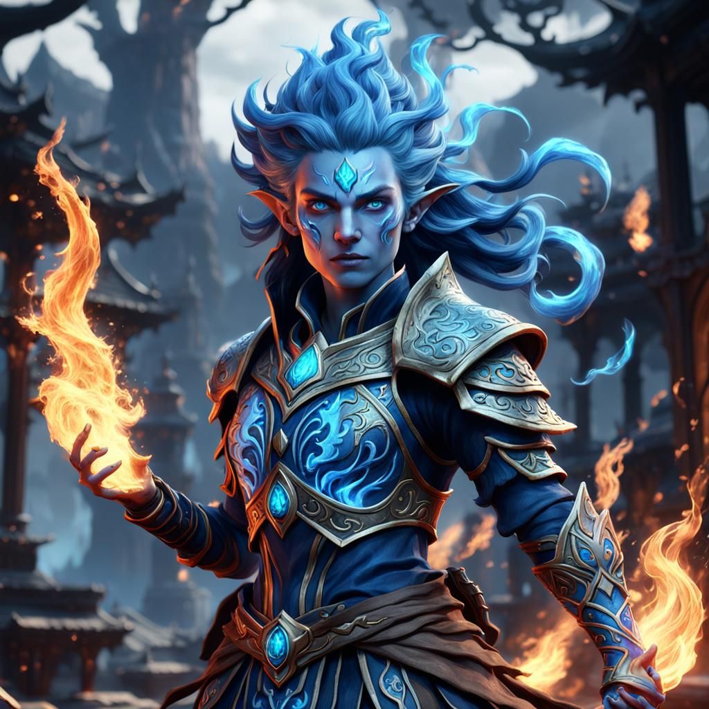Blue Flame Fire Genasi Bard in Detailed Painting