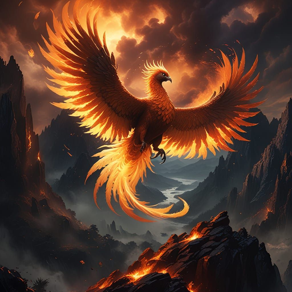 Phoenix Soars Through Stormy Sky in Fantasy Art