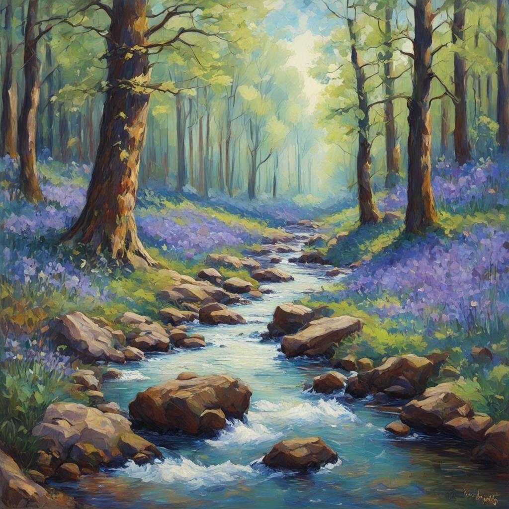 Bluebell Wood Stream in Expressionist Oil Painting Style