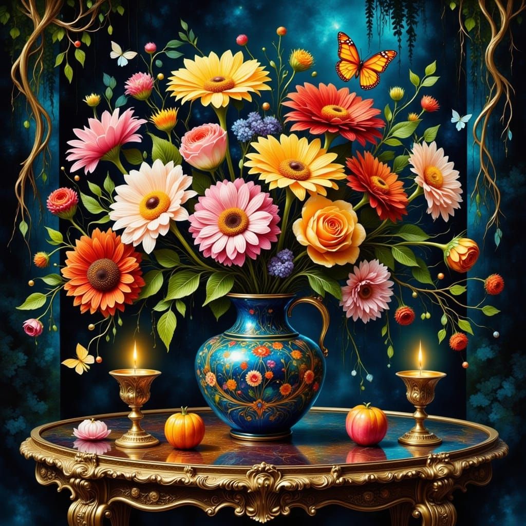 Floral Still Life with Golden Accents in Folk Art