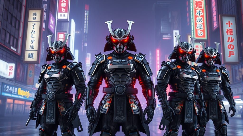 Cybernetic Samurai Warriors in Neon Japanese Cityscape