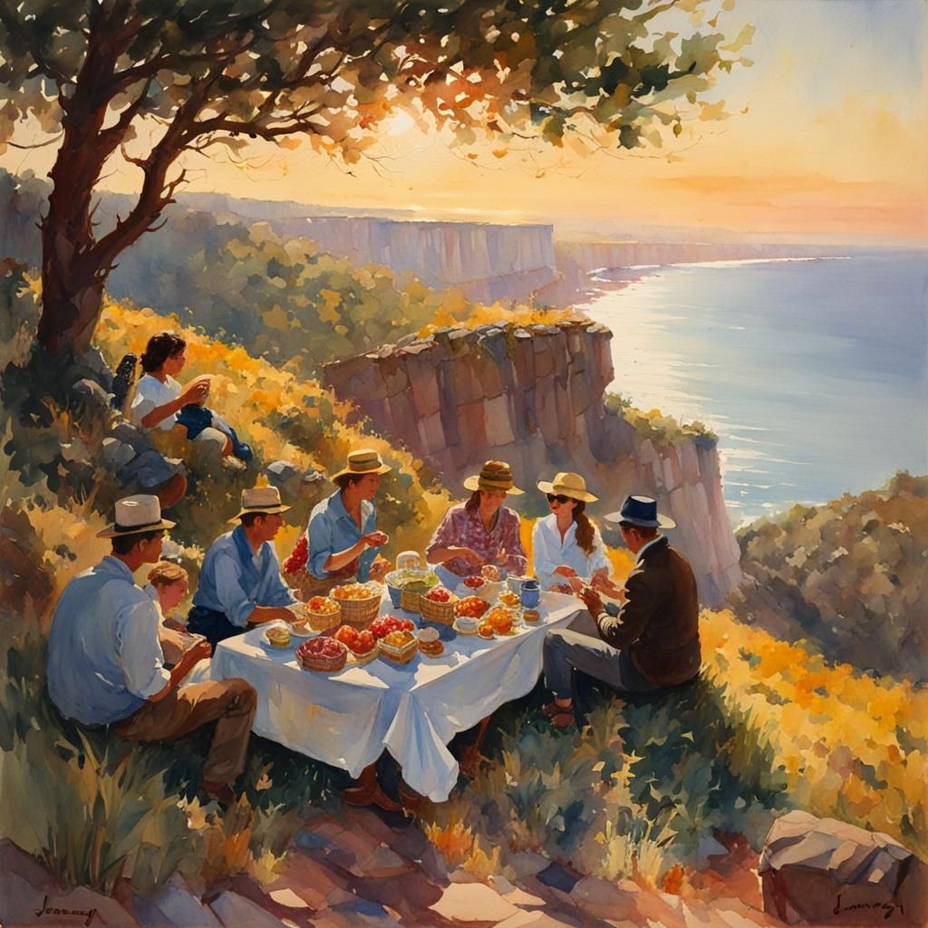 Cliffside Picnic in Watercolor at Golden Hour