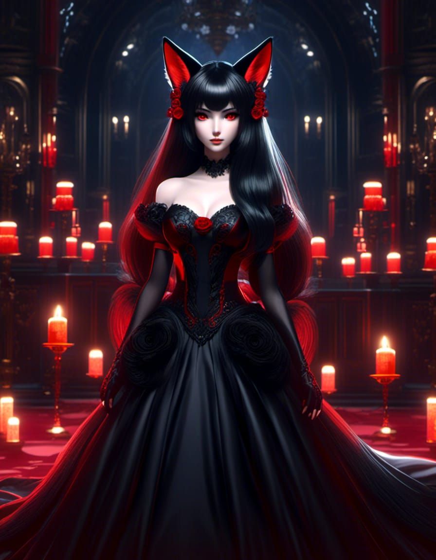 Beautiful Fox Girl, Long Black Hair, Red Eyes, Black Fox Ear...