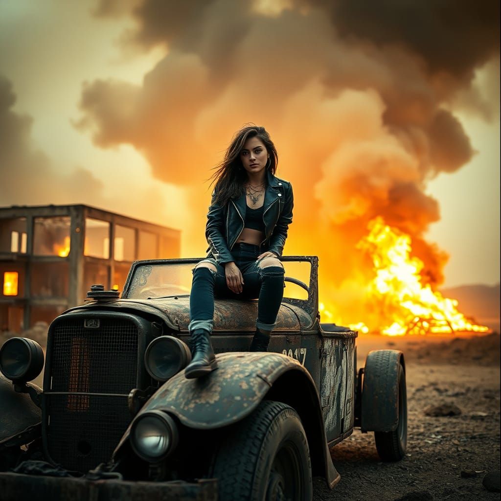 Dystopian Woman on Rusted Car in Blazing Landscape