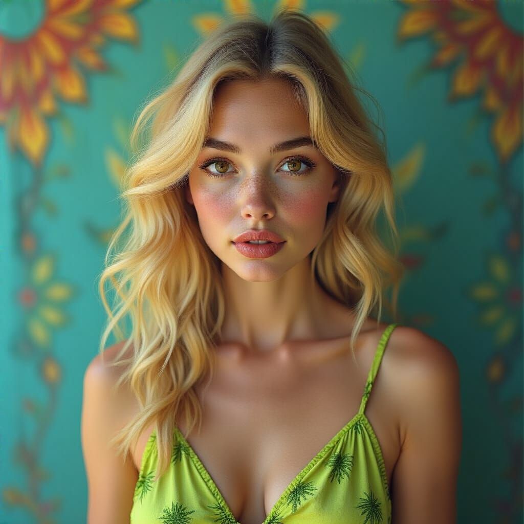 Hyperrealistic Portrait of a Blonde Woman with Brown Eyes