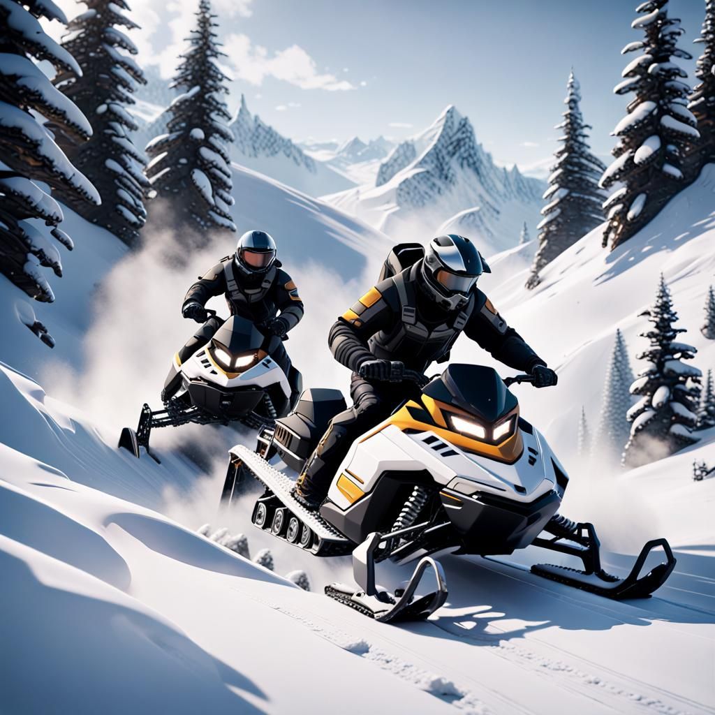 Snowmobilers on Snowy Slopes in Sci-Fi Style