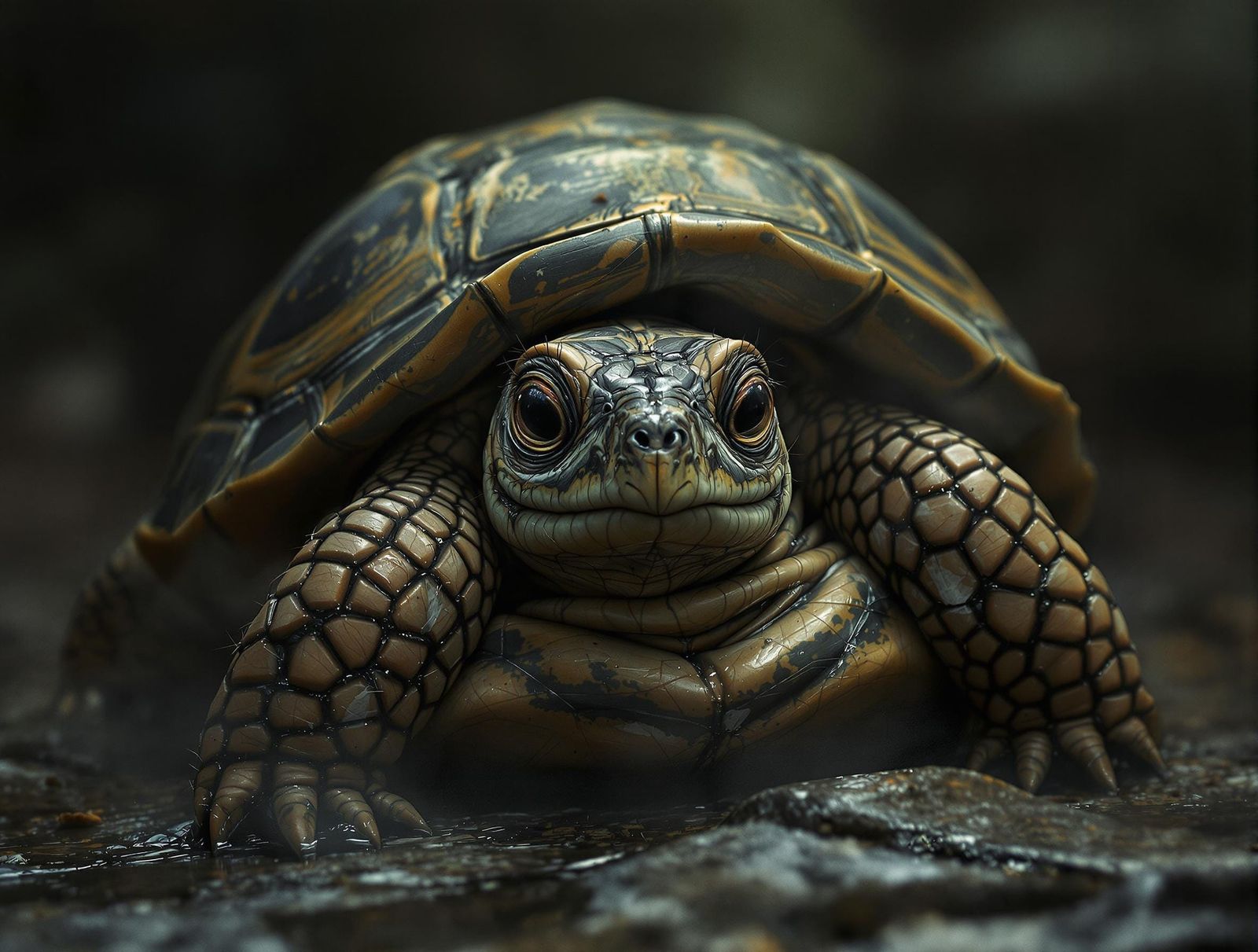 Turtle Hides in Shell Amidst Moody Shadows and Ethereal Glow