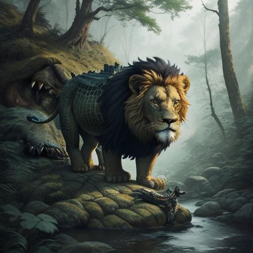 Lion and Crocodile in Dense Forest, Anime Style