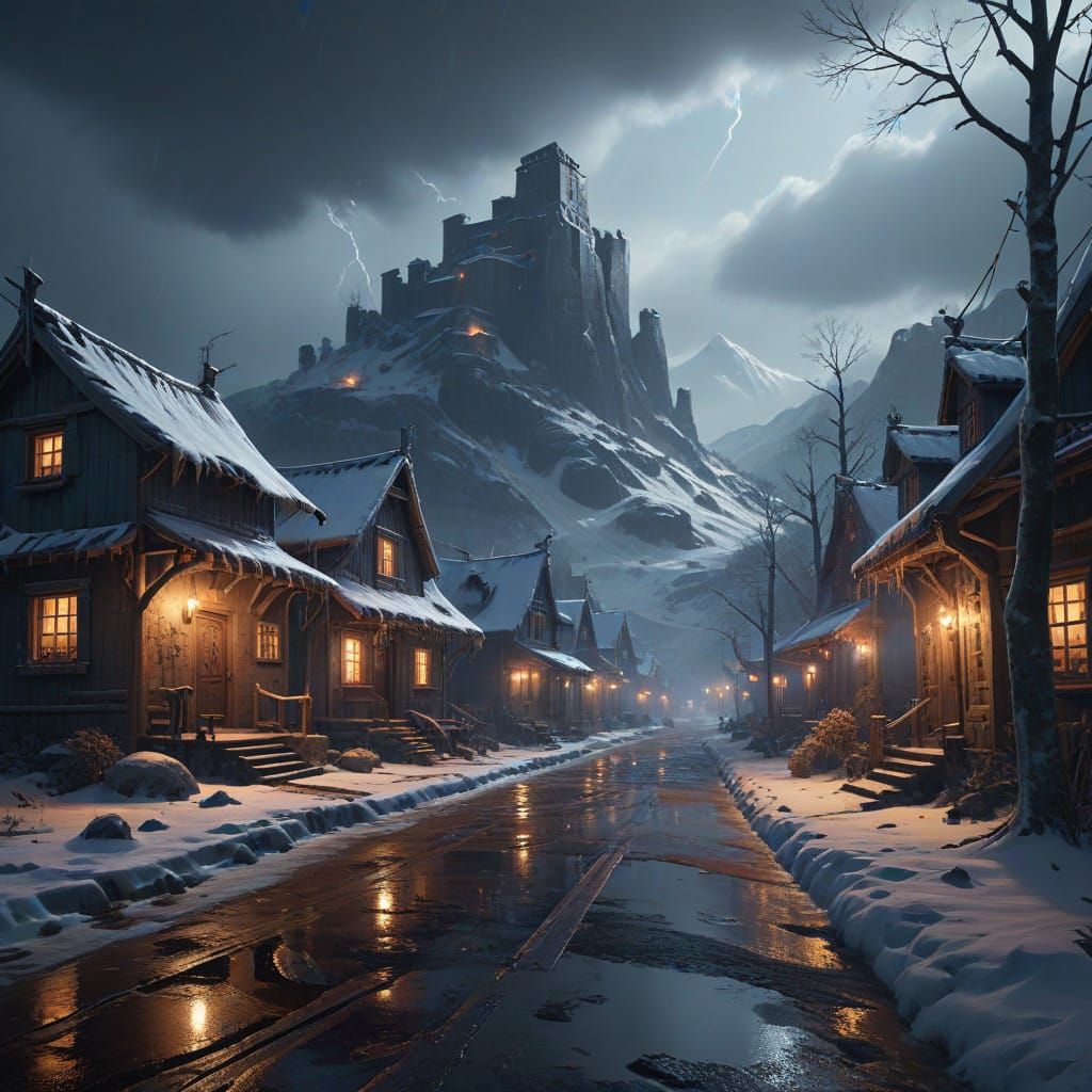 Epic Winter Village Scene with Cinematic Lighting and Intric...