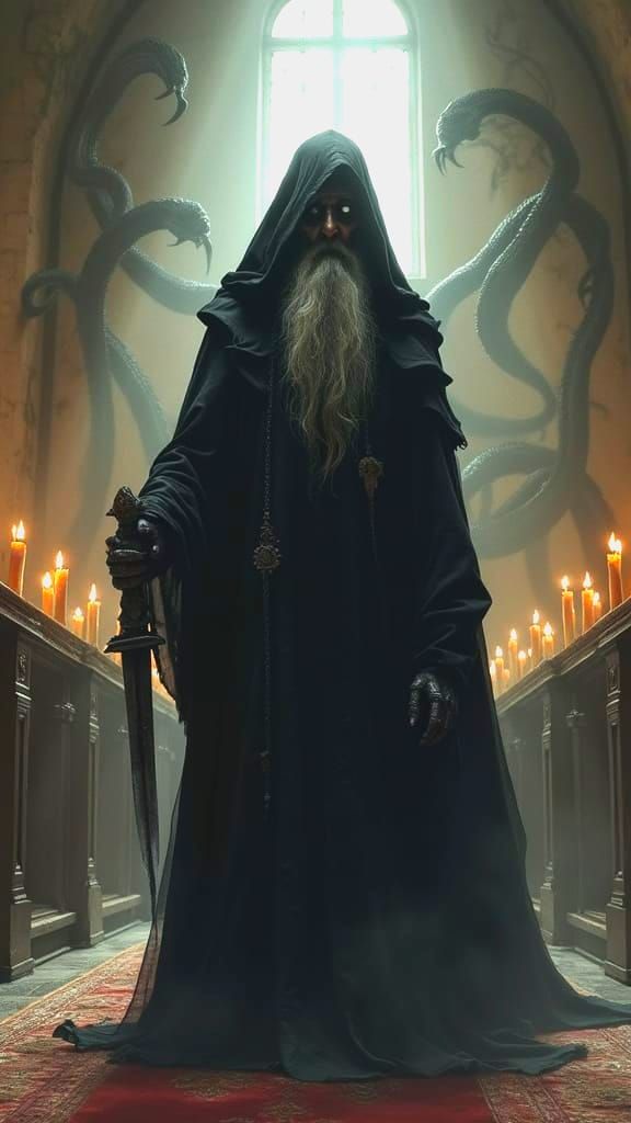 Sinister Blind Priest in Gothic Church