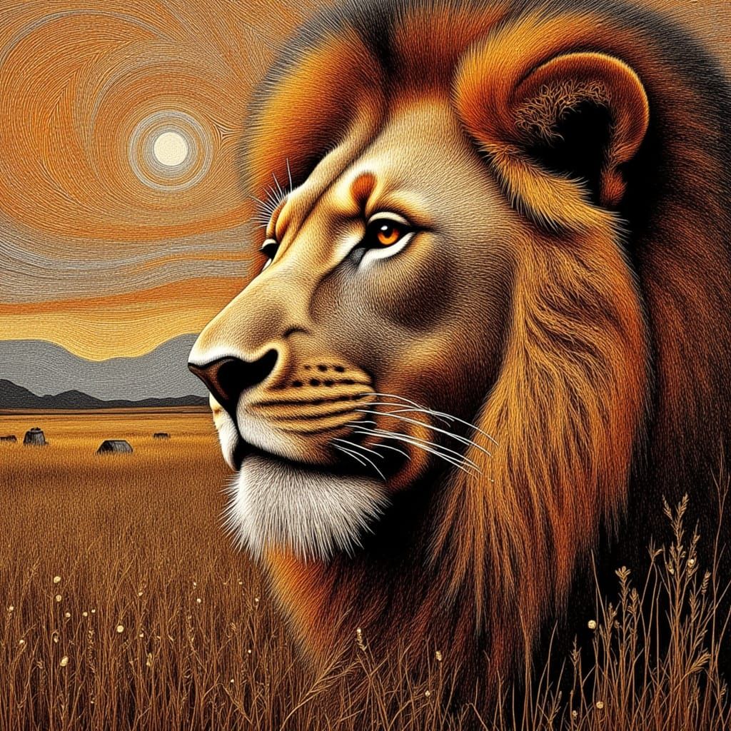 <lora:Concelo:1.0> <lora:Ingrained wood:1.0> <lora:Fine line string art:1.0> <lora:Archetypal Images:1.0> An African lio...