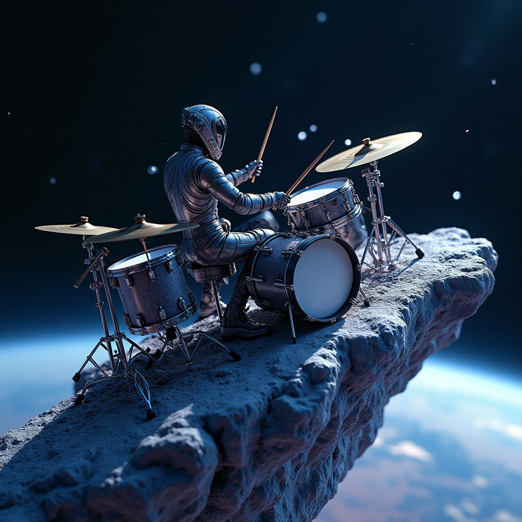 Drummer on Comet in Space: Hyper-Realistic 8K UHD