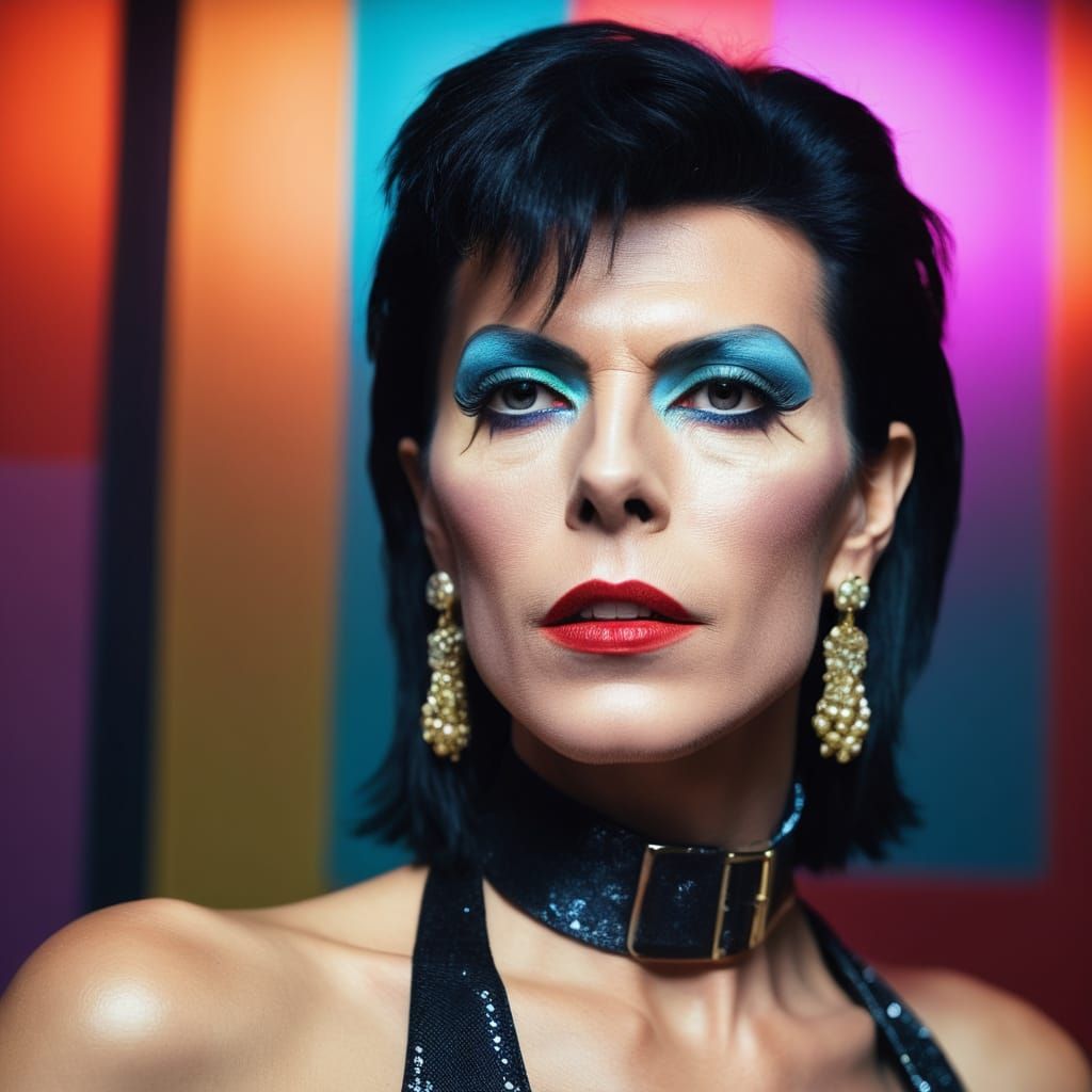 Glam Rock Cross-dresser Portrait in 80s Neon Style