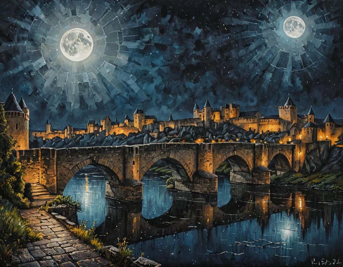 Carcassonne Cityscape at Night in Acrylic Style