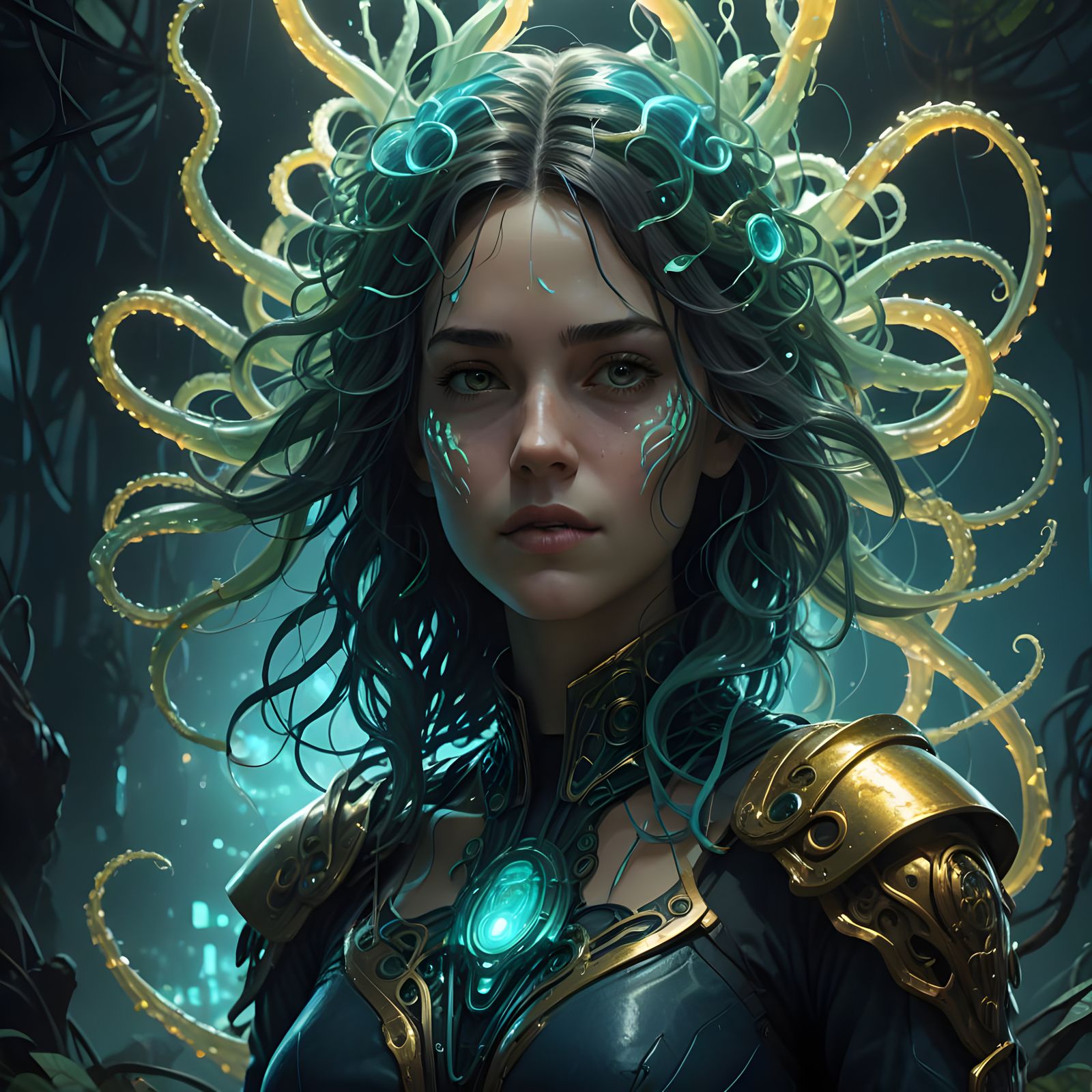 Mystery Woman Surrounded by Tenticles in Deep Fantasy Landsc...