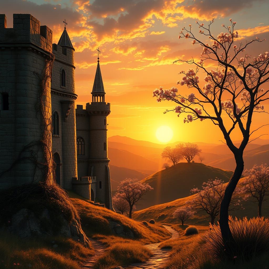 Dreamy Fantasy Landscape with Ancient Castle and Vibrant Sun...